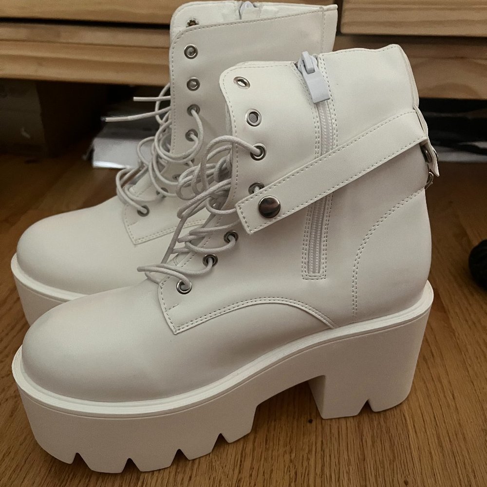 White chain and studded lace-up rave festival platform boots